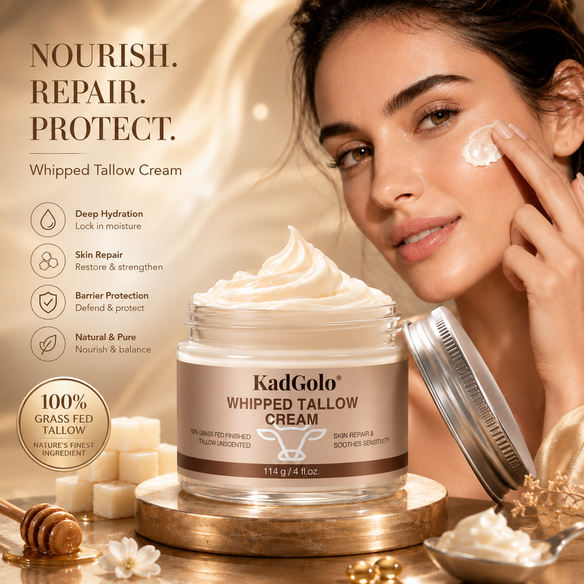 KadGolo Whipped Tallow Cream in a glass jar with rich whipped cream texture