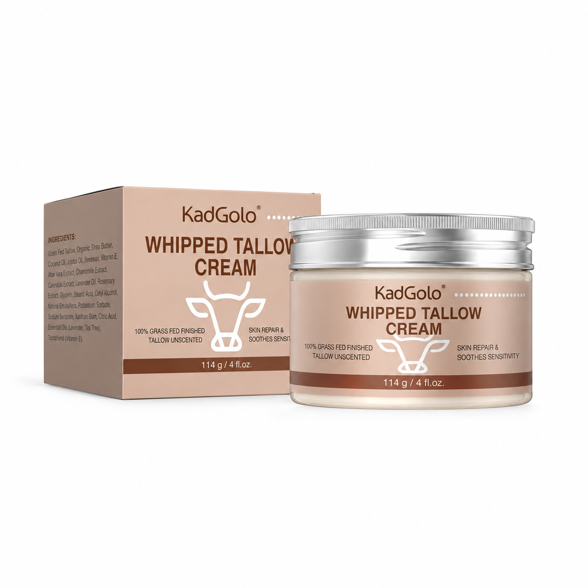 KadGolo Whipped Tallow Cream jar with a smooth cream swatch and grass-fed tallow product messaging