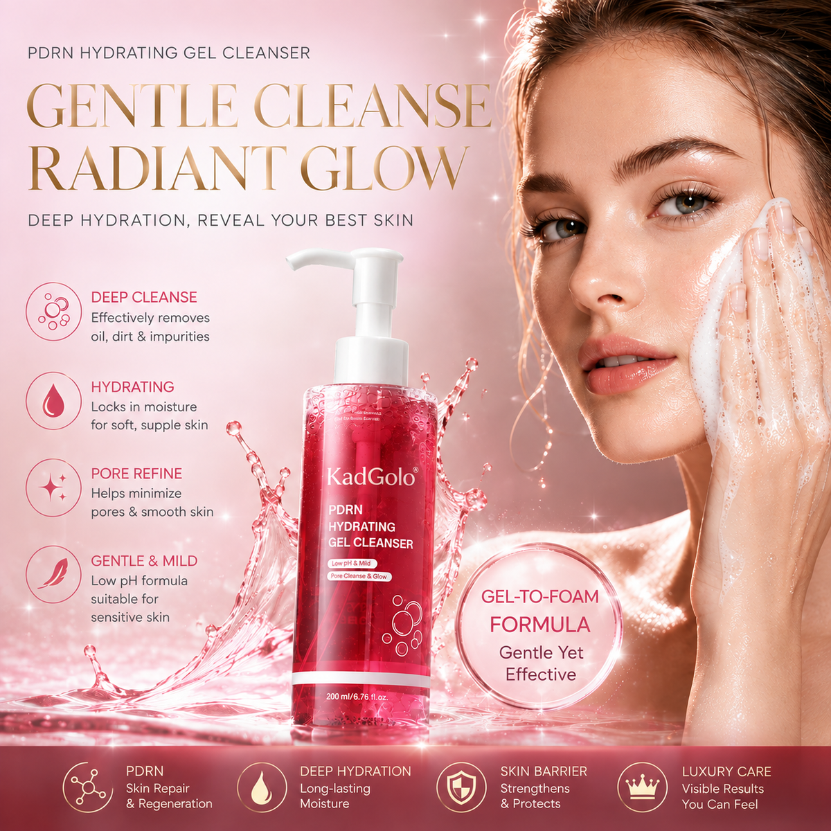 KadGolo PDRN Hydrating Gel Cleanser in a pink pump bottle