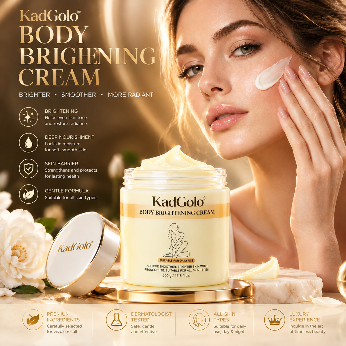 KadGolo Body Cream with a woman applying cream to her skin in a luxury skincare setting