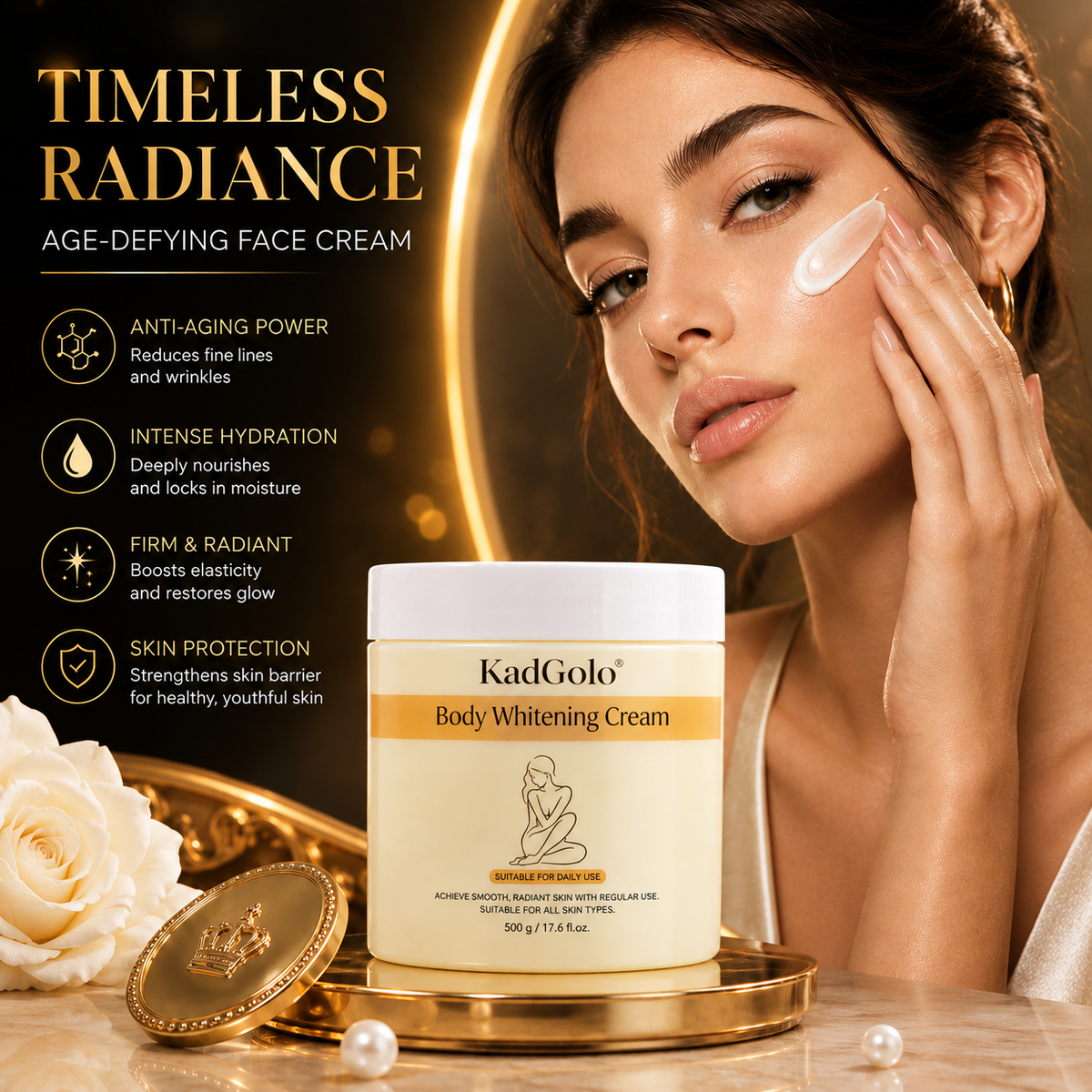 KadGolo Body Whitening Cream displayed on a luxury gold skincare tray
