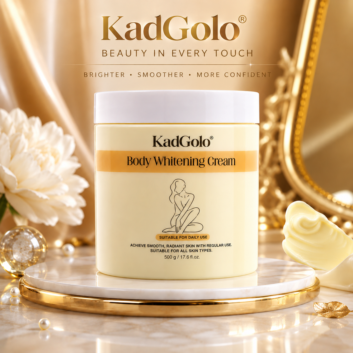 KadGolo Radiance Body Cream shown with a woman applying cream to her cheek
