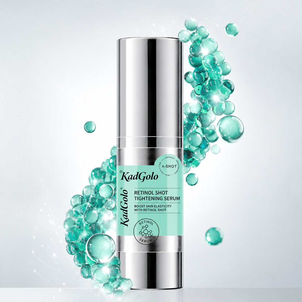 KadGolo retinol shot tightening serum displayed with a clean aqua skincare background