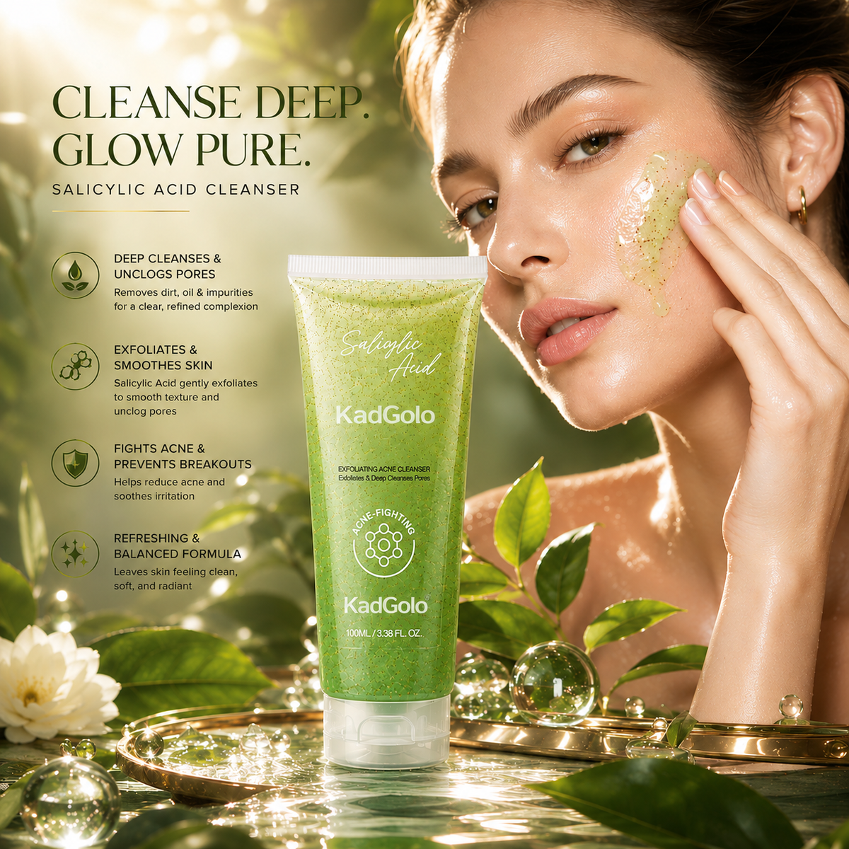 KadGolo salicylic acid cleanser green skincare tube with deep cleansing and pore-refining benefits