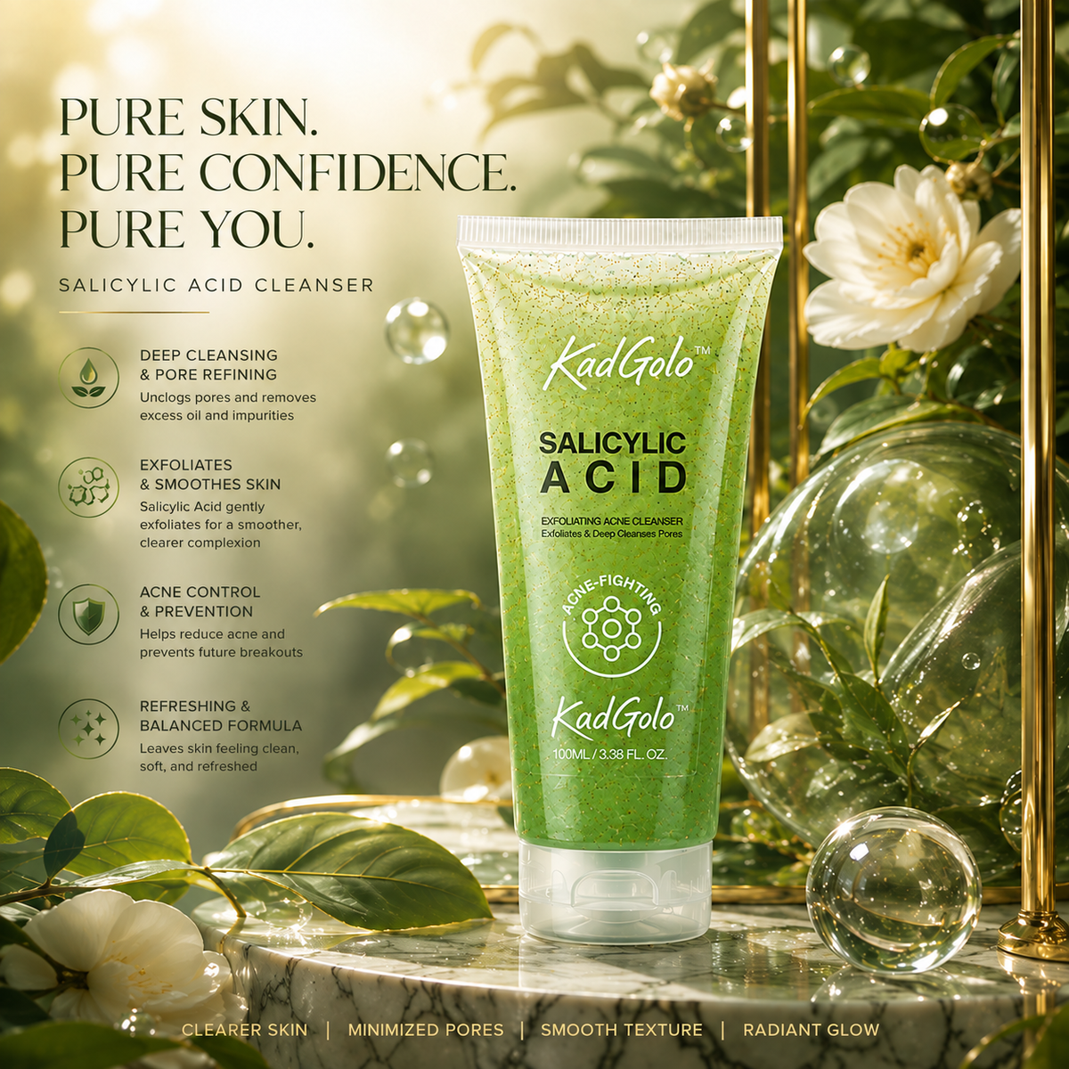 KadGolo acne cleanser green tube held in hand with matching product box