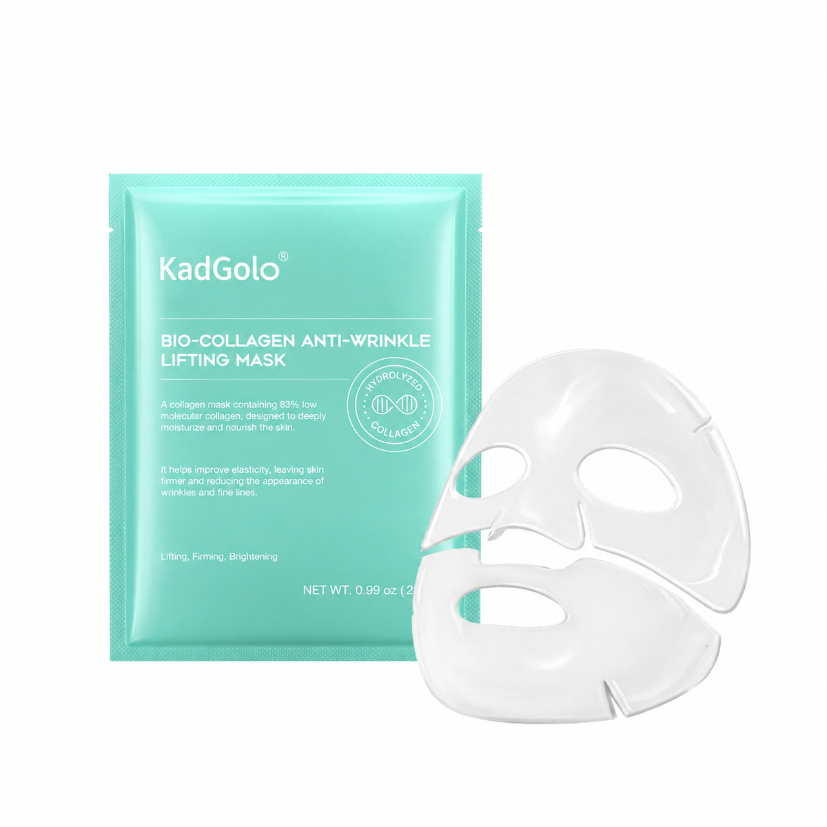 KadGolo collagen face mask with mint green packaging and hydrolyzed collagen sheet masks
