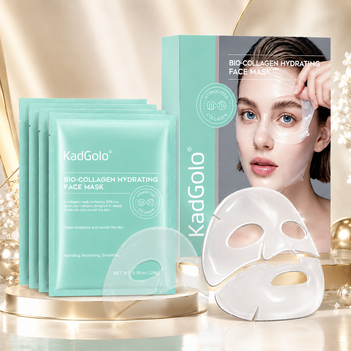 KadGolo sheet mask packaging with product dimensions and mint green collagen mask sachet