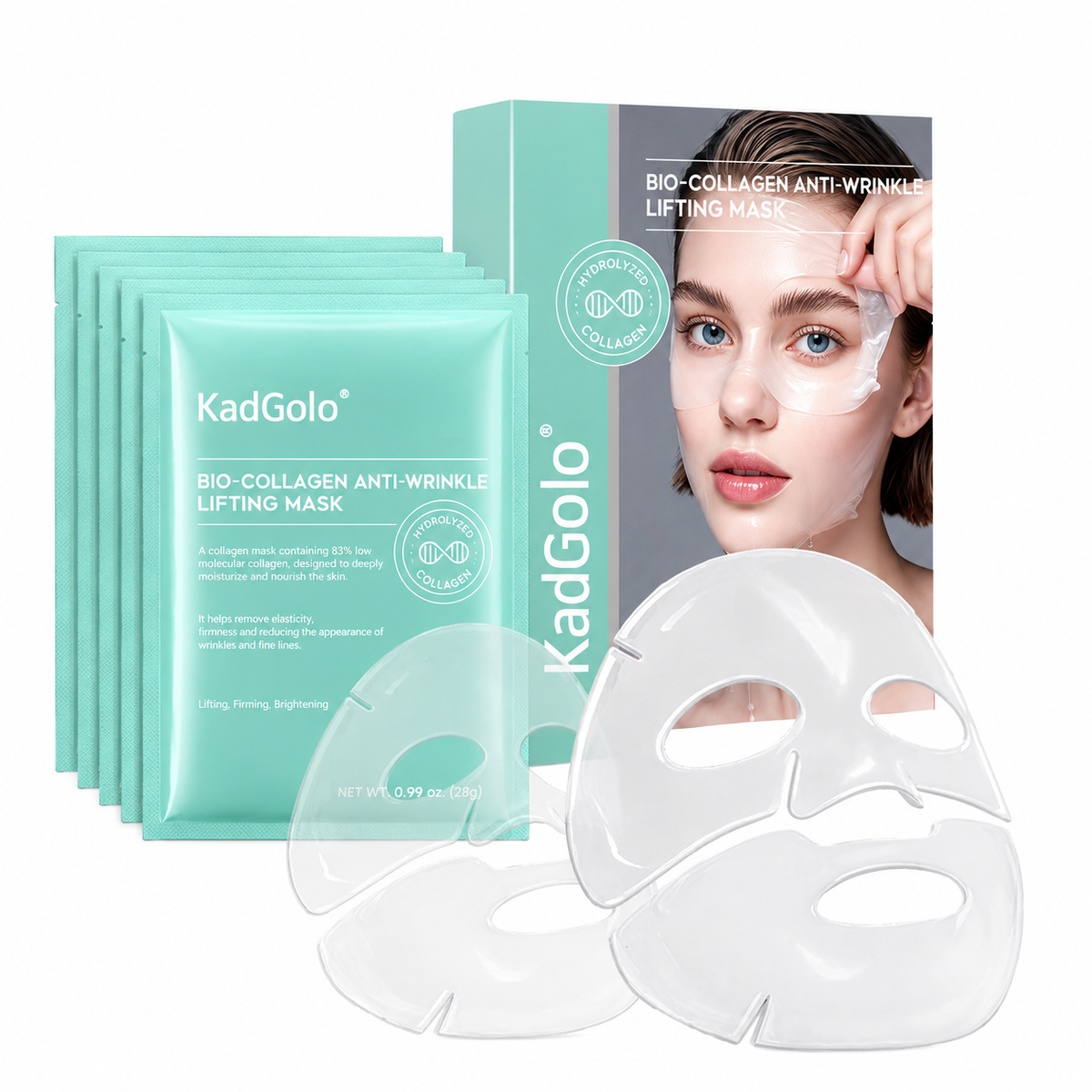 KadGolo facial collagen mask sachet held by a woman wearing a white sheet mask