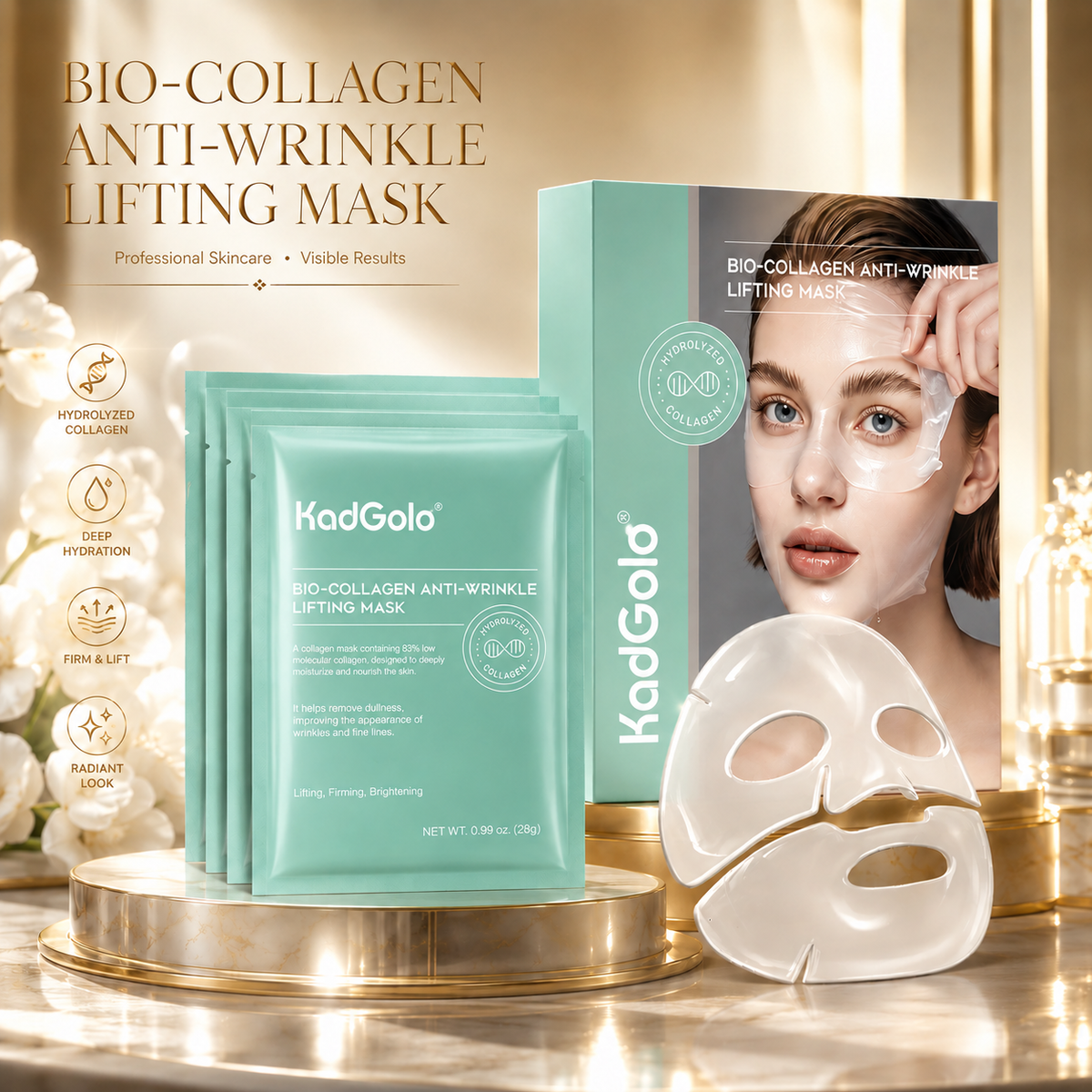 KadGolo collagen skincare mask with a translucent sheet mask and collagen skincare ingredients