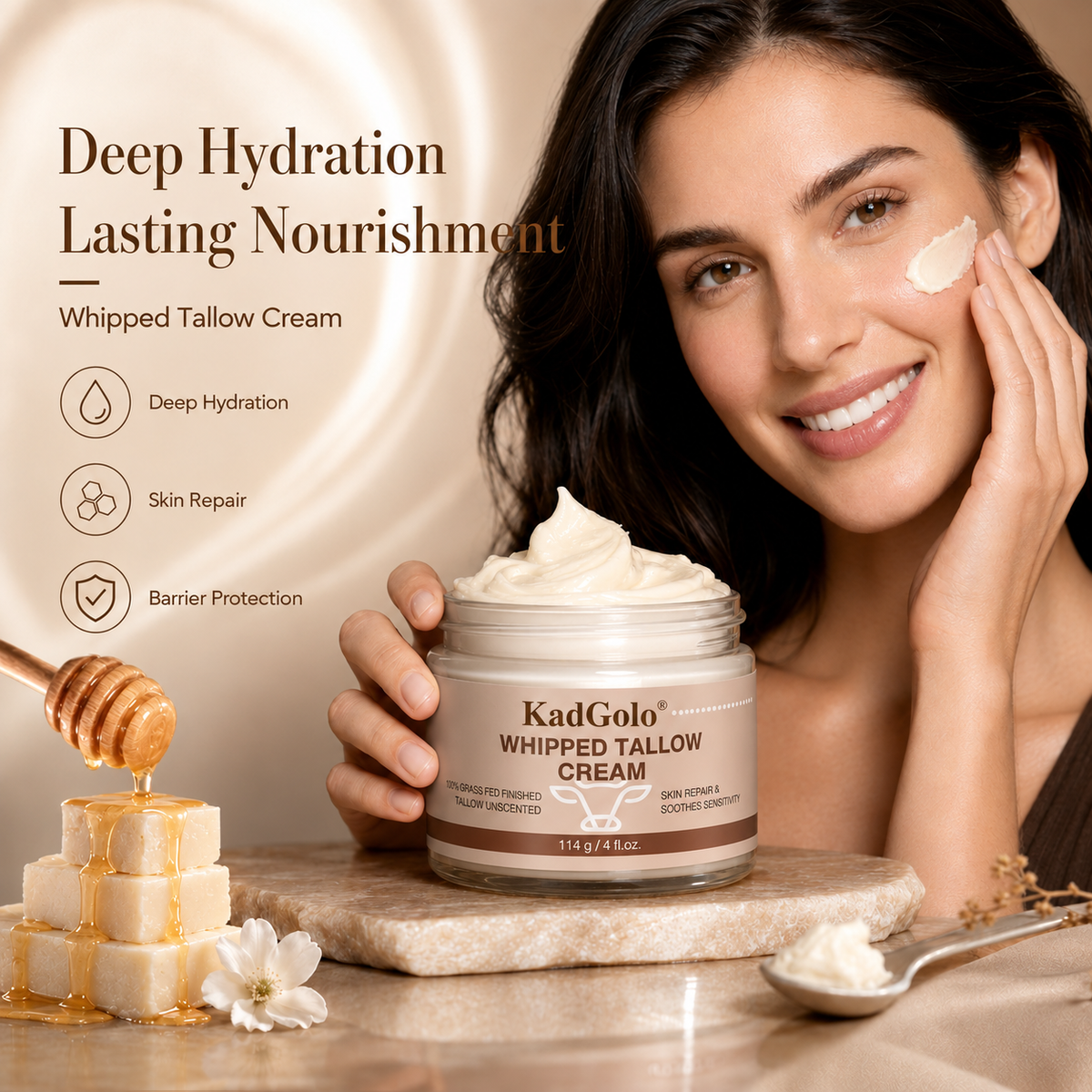 KadGolo Whipped Tallow Cream skincare product with a woman applying cream to her cheek