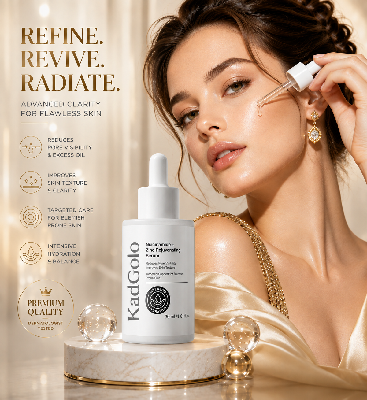 KadGolo facial serum product photography with suggested use