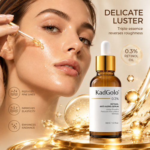 KadGolo peptide and retinol skincare serum in amber bottle