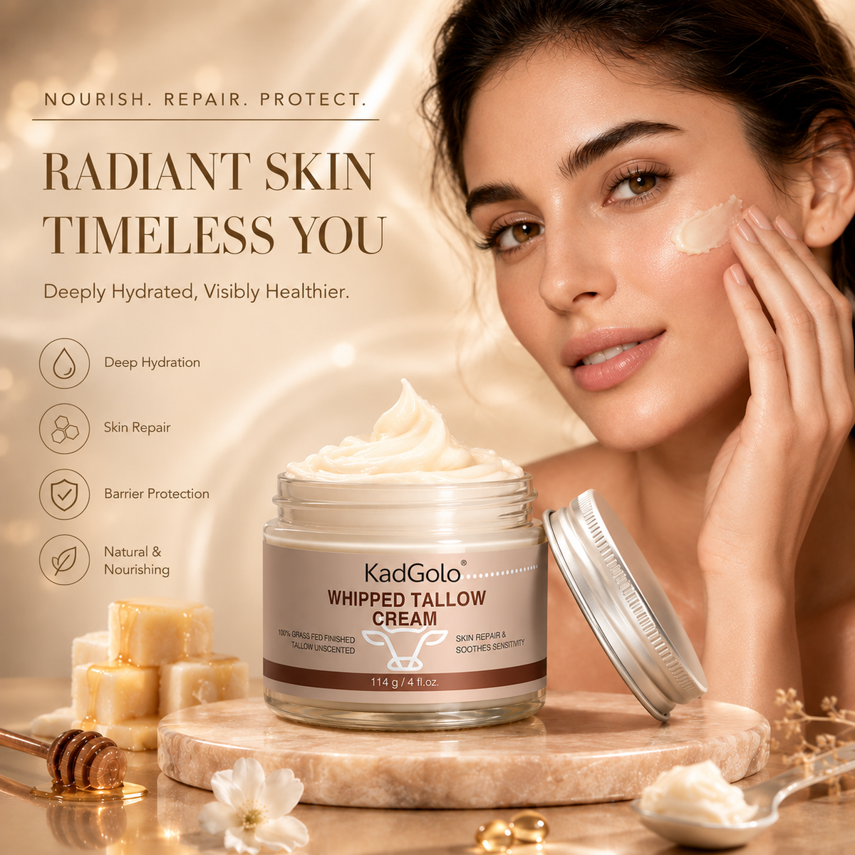 KadGolo Whipped Tallow Cream jar and packaging box featuring a minimalist beige design