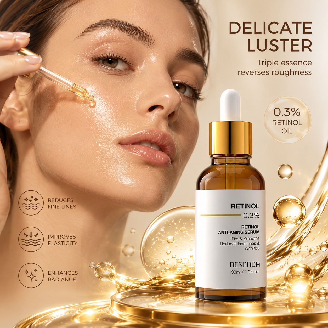0.3% Retinol Facial Serum with Peptides & Hyaluronic Acid – Smoothing & Hydrating Skin Care
