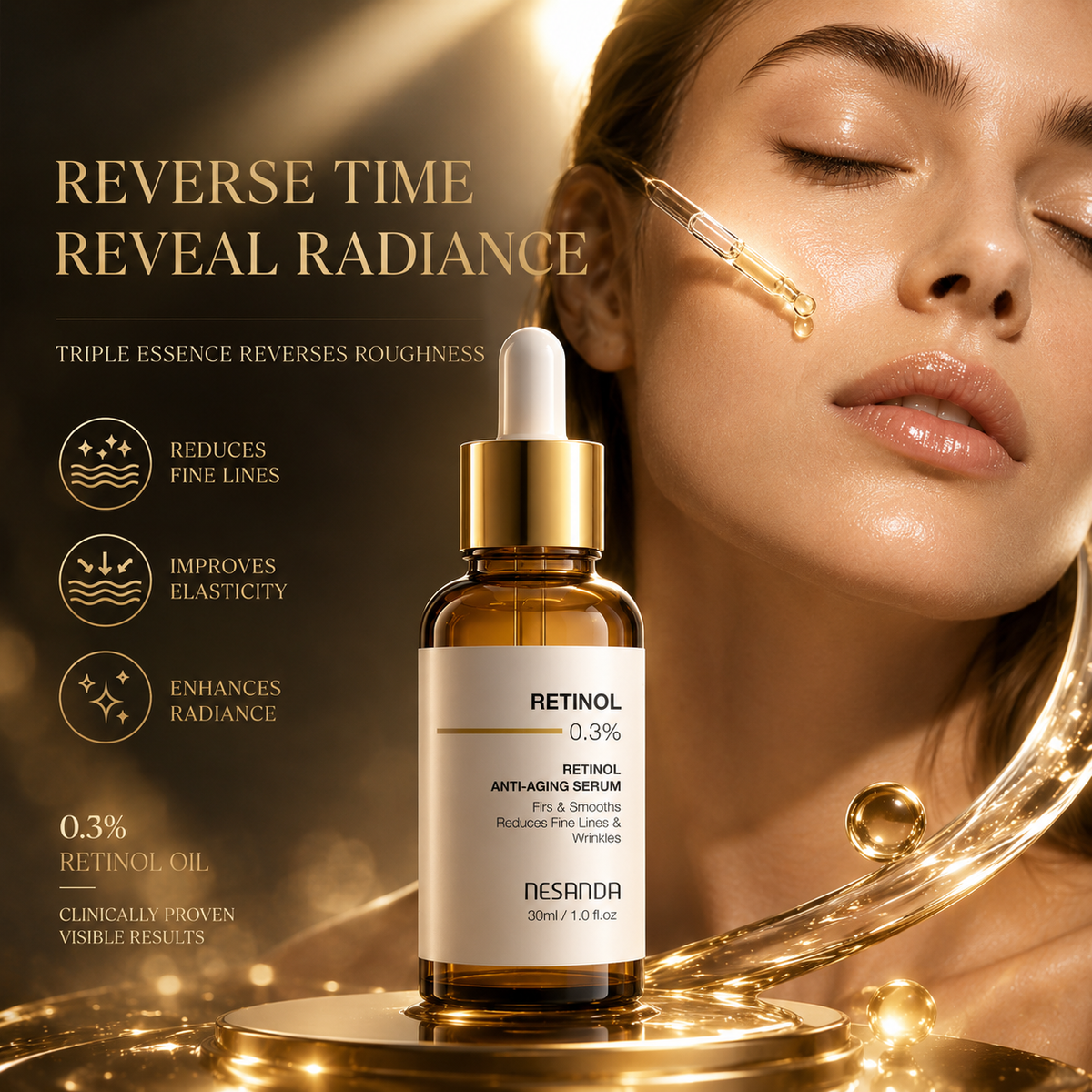 0.3% Retinol Facial Serum with Peptides & Hyaluronic Acid – Smoothing & Hydrating Skin Care
