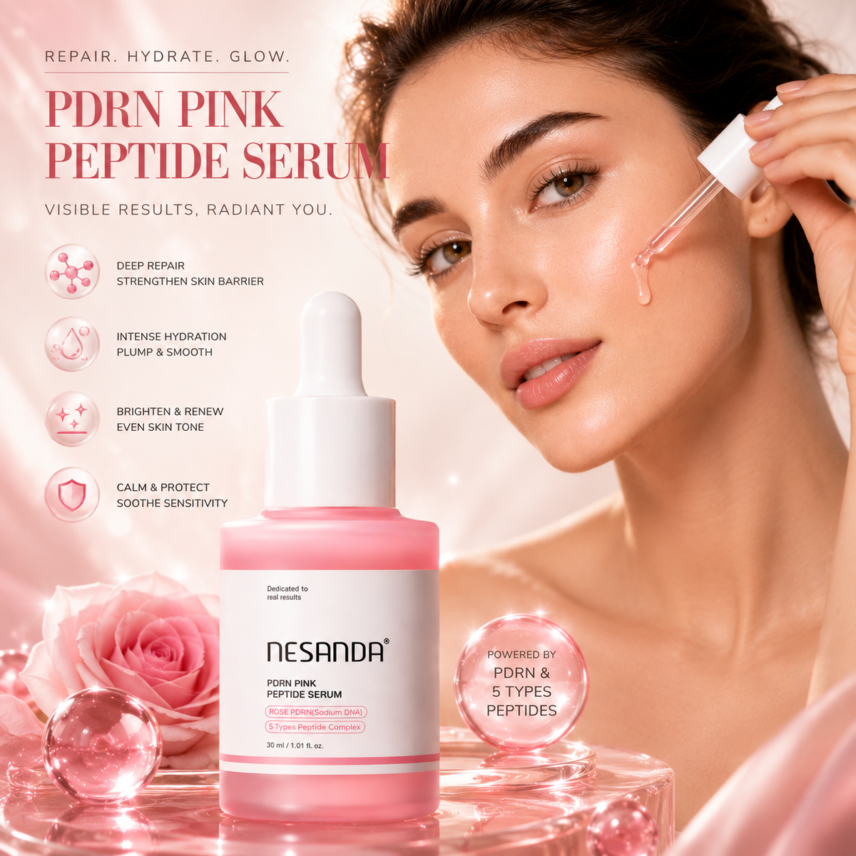 PDRN Pink Peptide Serum – Hydrating Glow Serum with Peptides & Niacinamide for Smooth, Radiant-Looking Skin
