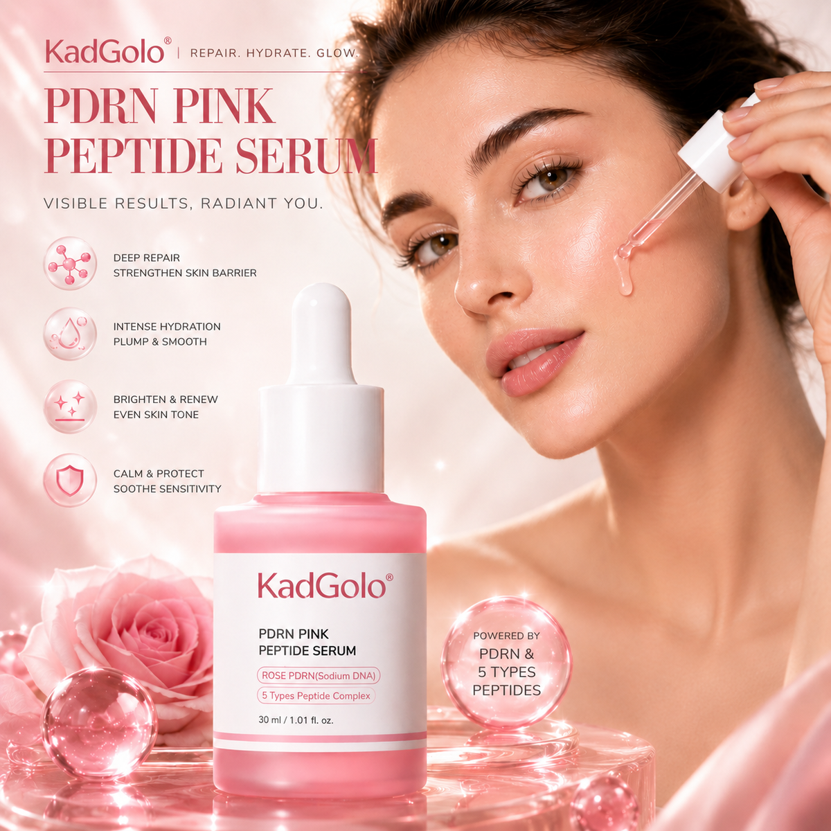 KadGolo PDRN peptide serum for hydrated radiant looking skin